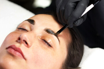 A close-up image of a beauty professional applying eyebrow tint to a woman's brows using a fine brush. The woman’s eyes are closed, focusing on the precision and care in the tinting process.