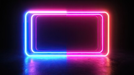 Bright neon lights forming an abstract rectangular object on a black backdrop.