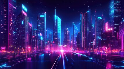 Bright neon lights illuminate a futuristic city at night, with modern skyscrapers and a dark cyberpunk-inspired background. Panoramic view.
