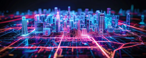Fototapeta premium Detailed holographic city plan at eye-level above a construction table