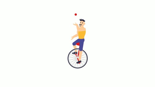 Big mustache man Juggling on unicycle animated video, Quantum juggling or ball cascade animation, circus artist is performing on stage Clip, Street Mime performer footage, Carnie troupe motion graphic