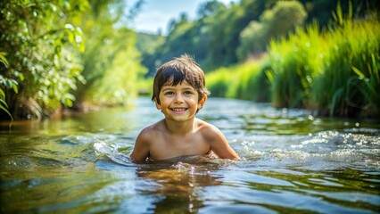 Fototapeta premium Carefree young boy with dark hair and bright smile wades in calm river waters on a warm sunny summer day, surrounded by lush green vegetation.