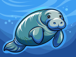 cartoon vector illustration of swimming funny manatee, blue sea isolated background, under ocean planet