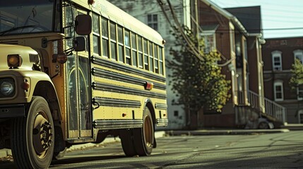 Obraz premium An empty school bus parked outside the school.