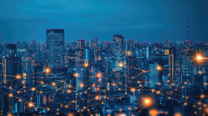 City skyline with illuminated skyscrapers and data connections symbolizing big data and technology.