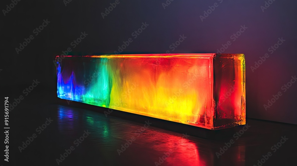 Poster close-up of a brightly illuminated abstract rectangular object with vibrant colors on a black backgr