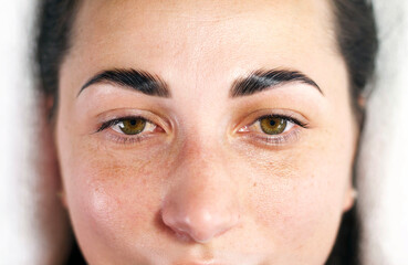 A close-up shot of a woman with freshly tinted eyebrows, looking directly forward. The image highlights the results of the tinting procedure, focusing on her symmetrical facial features.