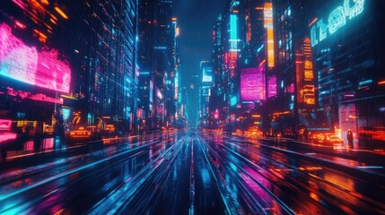 Obraz premium Colorful futuristic city illuminated by neon lights at night. Wide view of a cyberpunk-inspired city with a retro wave background.