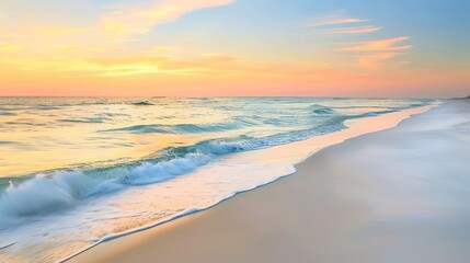 Obraz premium Serene beach during sunset with gentle waves lapping at the shore