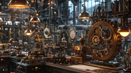 An intricate clockmakera??s workshop with gears and clocks in progress.