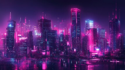 Fototapeta premium Cyberpunk city panorama showcasing a futuristic skyline with advanced buildings and neon lights. Digital illustration.