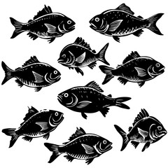 A school of fish swims gracefully in a circle on a white background