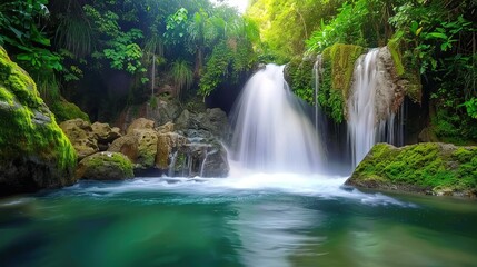 Obraz premium Serene waterfall cascading into a tranquil pool surrounded by lush greenery in a rainforest at midday