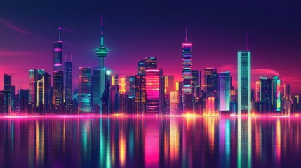 Fototapeta premium Cyberpunk city skyline at night with vibrant neon lights and a colorful background. Wide city front view with a retro wave feel.