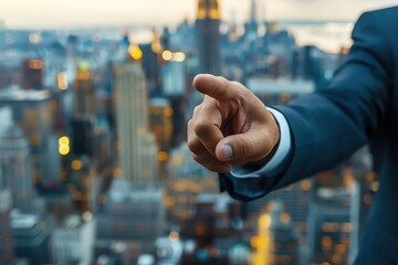 A business professional points confidently over a city skyline, symbolizing leadership and direction in a corporate environment.