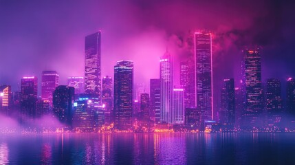 Fototapeta premium Cyberpunk city skyline at night with vibrant neon lights and a colorful background. Wide city front view with a retro wave feel.