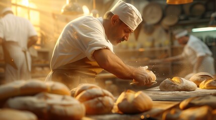 Baker prepares fresh bread in the bakery