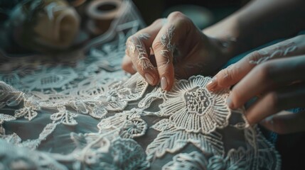 An intricate lace-making workshop with delicate patterns being crafted.