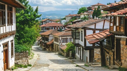 Fototapeta premium Charming cobblestone street lined with traditional wooden houses in a historic village on a sunny day
