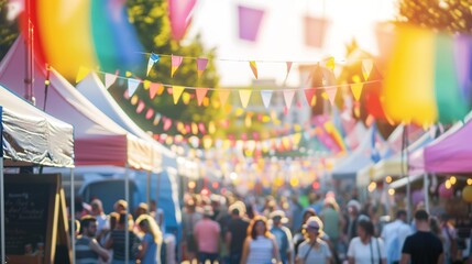 Naklejka premium Colorful festival with vibrant decorations and crowds celebrating under sunny skies in a lively market area