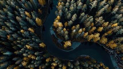 Aerial view of a winding river surrounded by autumn foliage in a dense forest
