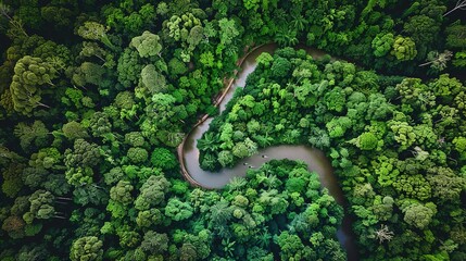 Fototapeta premium Aerial view of a winding river through dense tropical rainforest during daylight