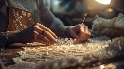 Obraz premium An intricate lace-making workshop with delicate patterns being crafted.