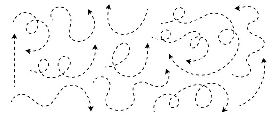 Set of curved dotted arrow. Zigzag arrow stripes in doodle outline style. Wavy line trip on isolated style