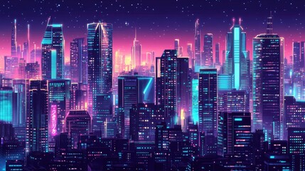 Obraz premium Cyberpunk-inspired night cityscape with glowing neon lights and high-tech skyscrapers. Dark panoramic backdrop showcasing a futuristic urban scene.