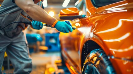 Professional car painter using a spray gun to apply orange paint on a car's bumper, with blue-painted car parts in the background.