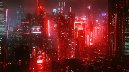 Fototapeta premium Dark cityscape with vivid red neon lights and technology. Cyberpunk 3D rendering showcasing futuristic urban details and glowing elements.