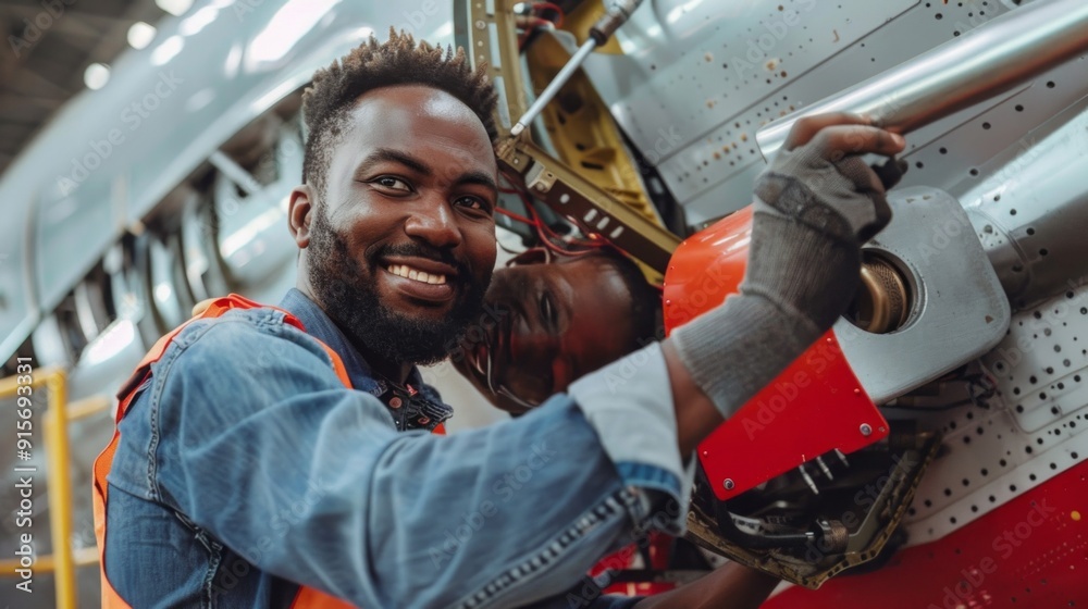 Poster a man is smiling while working on an airplane