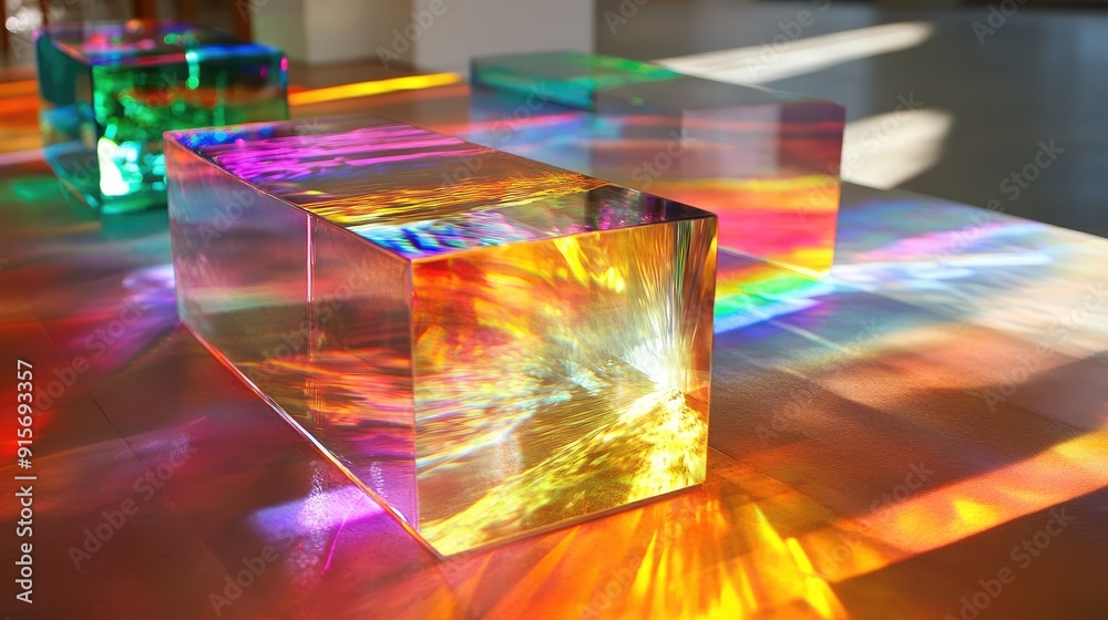 Poster different glass prisms and dichroic translucent stripes scattering light into vibrant color spectra,