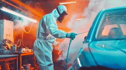 Car painter in a white protective suit spraying a mix of blue and orange paint on a car, with paint supplies and equipment spread out in the auto workshop.