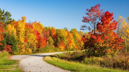 Obraz premium Colorful autumn trees along a winding path in a serene landscape during daylight