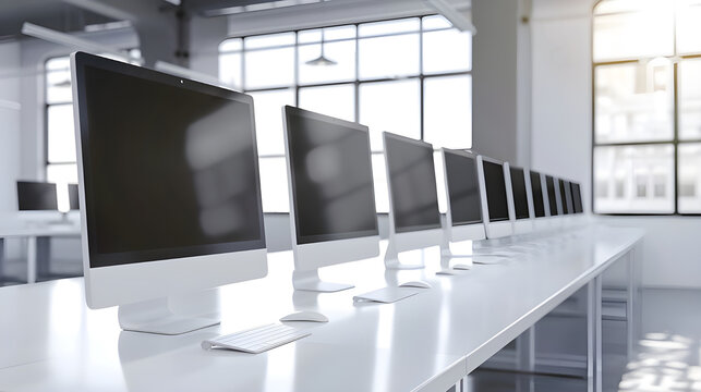 A sleek, modern office setup featuring a long row of desktop computers with black screens on white desks, highlighting an organized work environment.