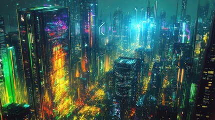 Fototapeta premium Digital neon buildings towering in a futuristic urban skyline. Vibrant lights and advanced architecture.