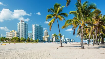 Obraz premium Sunny beach scene with palm trees and city skyline in Miami during a clear day