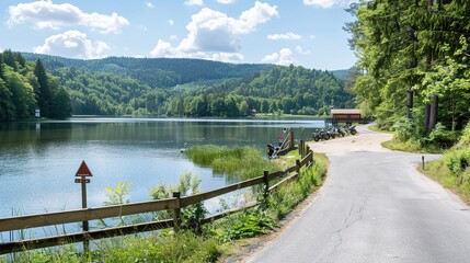 Fototapeta premium Tranquil lakeside road in the countryside during a sunny day in early summer