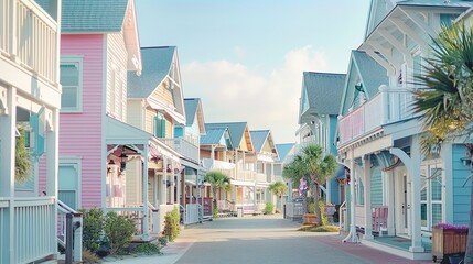Obraz premium Colorful beach houses lined along a charming coastal street in a sunny seaside town