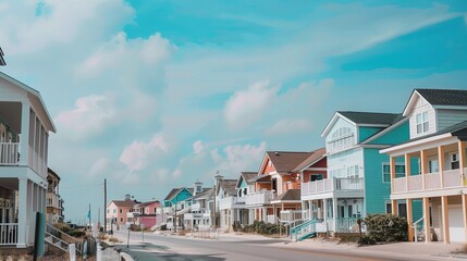 Colorful coastal houses line the street near the beach on a sunny day