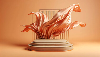 3D rendering orange podium, orange background, Beauty cosmetic product presentation stand, Luxury feminine mockup 3d render advertisement. Premium podium with copy space