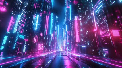 Fototapeta premium Futuristic city at night with glowing neon lights and a colorful background. Wide perspective view with retro wave and cyberpunk style elements.
