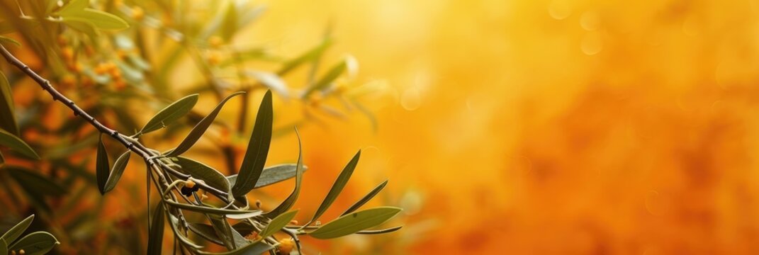 horizontal banner, Sukkot &mdash; Feast of tabernacles, green leaves on a yellow background, autumn abstract natural background, copy space, free space for text