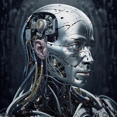 Fototapeta premium Metallic robotic head with exposed circuitry and blue eyes.