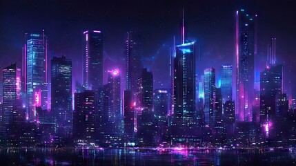 Obraz premium Futuristic city skyline with glowing neon lights and tall skyscrapers. Dark, cyberpunk-inspired night backdrop with a panoramic view of the urban scene.