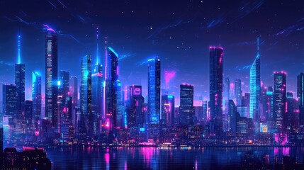 Fototapeta premium Futuristic city skyline with glowing neon lights and tall skyscrapers. Dark, cyberpunk-inspired night backdrop with a panoramic view of the urban scene.