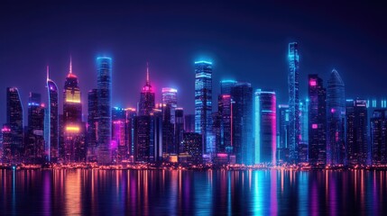 Fototapeta premium Futuristic cityscape at night with colorful glowing neon lights. Wide view of the city with cyberpunk and retro wave aesthetics.