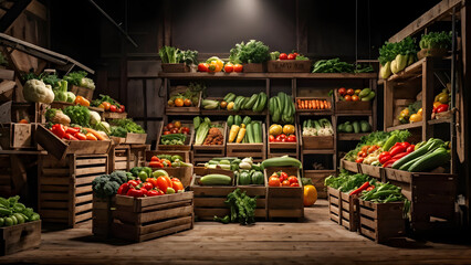 Fresh veggies in rustic wooden crates and containers, including bell peppers, tomatoes, cucumbers, and carrots