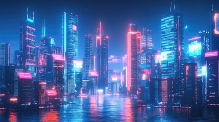 Fototapeta premium Futuristic cityscape showcasing a skyline of glowing neon buildings and digital displays. Digital illustration.